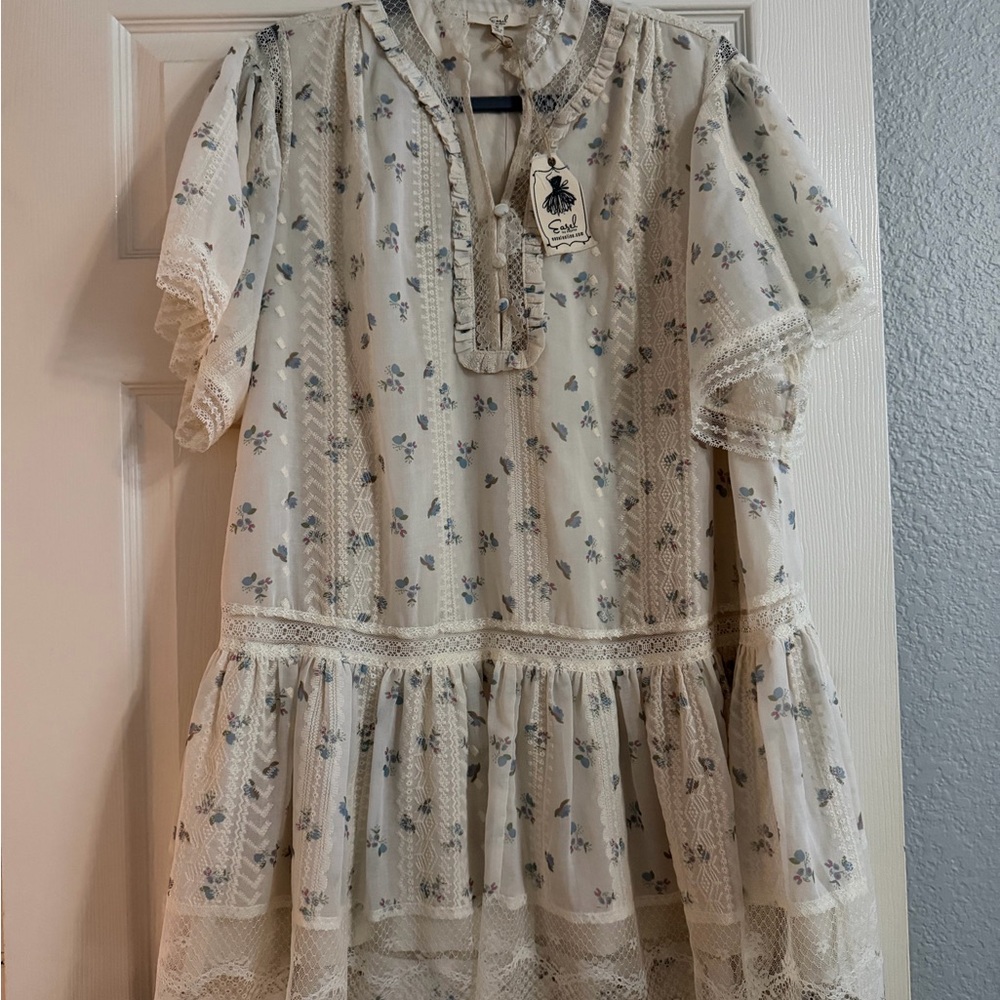 Easel Cream Floral Lace Tiered Peasant Dress